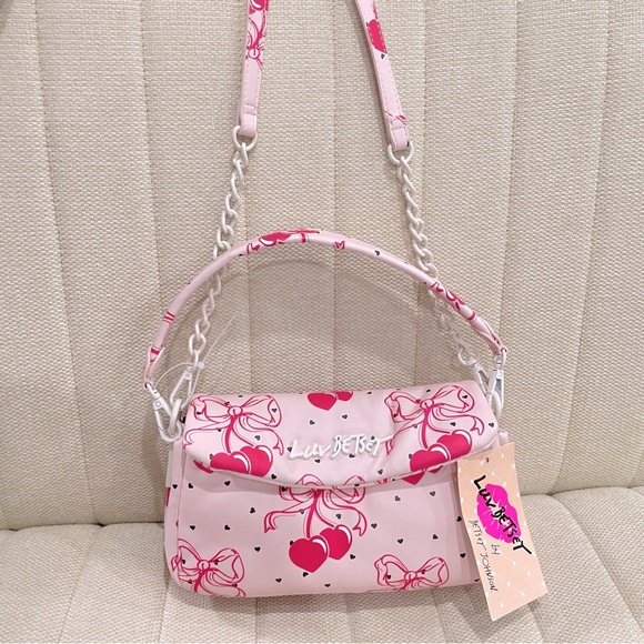 NEW Luv‎ Betsey Johnson Pink Bow LBCORAL Cherry Heart Baguette Shoulder Bag - Picture 2 of 8